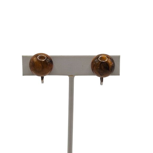 VTG Clip On Earrings Round Ball Honey Brown Swirl Lucite Resin MCM‎ Retro Womens - Picture 4 of 16